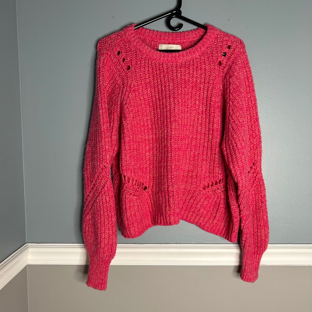 LOFT Pink Textured Cable Knit Crewneck Sweater Women's Size M Cozy Casual